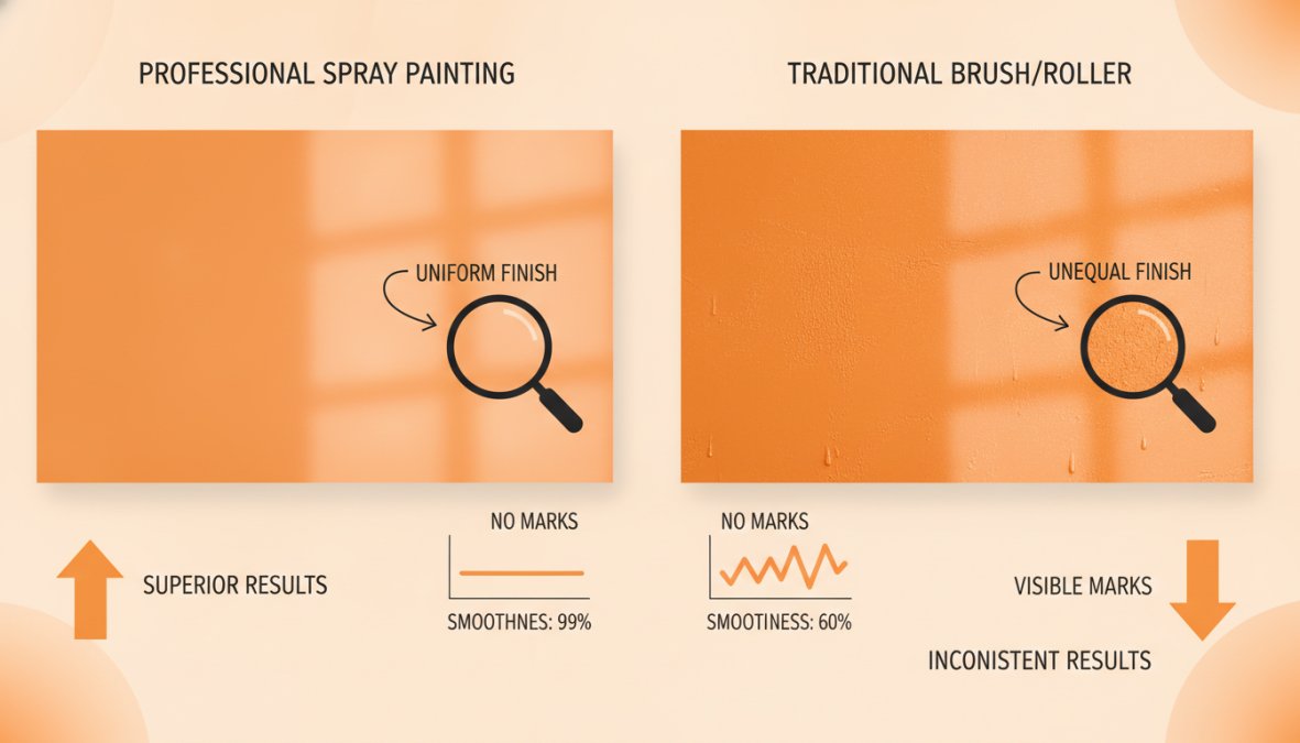 Close-up of a freshly spray-painted smooth interior wall in a Toronto home, showing uniform sheen with zero brush marks under warm natural window light, a painter's tape edge visible at the baseboard