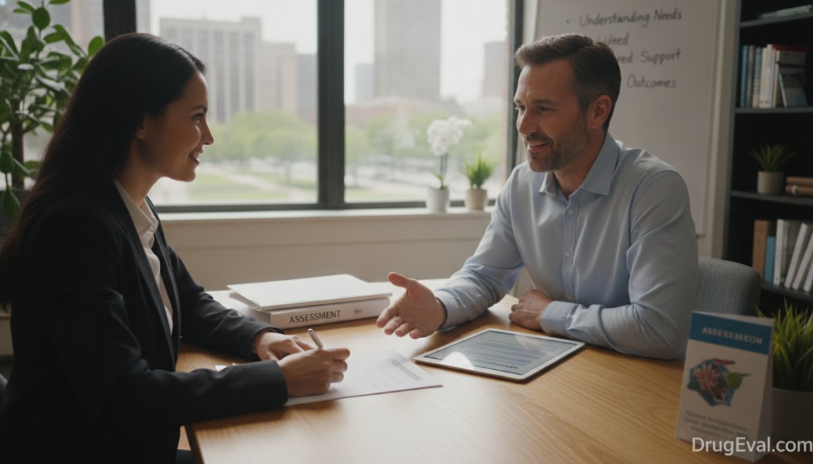 A licensed counselor conducting a confidential one-on-one assessment session with a client in a private, comfortable office setting with soft lighting and comfortable seating
