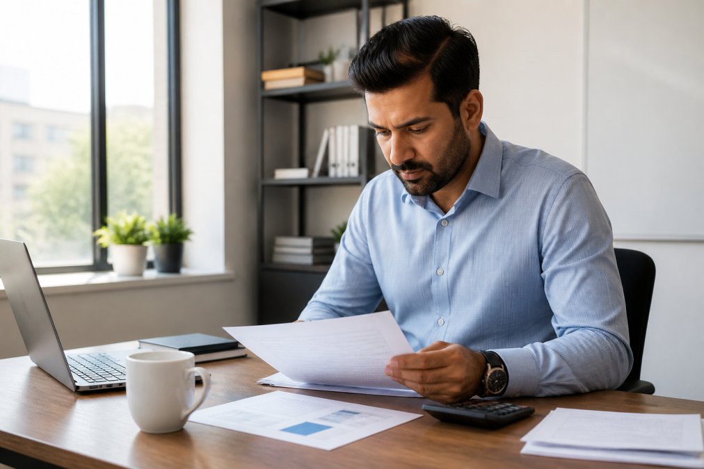 A small business owner reviewing financial documents and tax paperwork at a desk in a bright office, laptop showing spreadsheets, coffee mug nearby