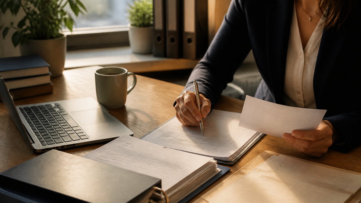 Professional property manager reviewing tenant documentation and references at desk with laptop and organised files in modern office