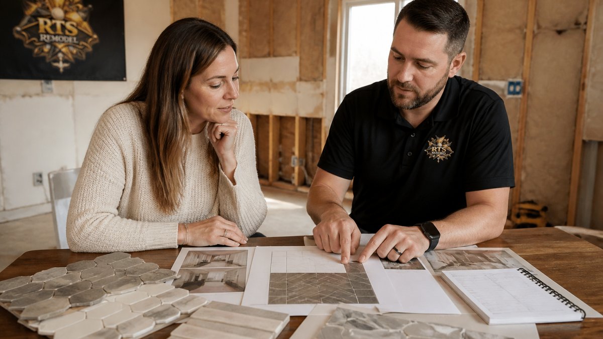 A remodeling professional and homeowner reviewing tile samples, layout drawings, and a project schedule on a kitchen table in a home under renovation