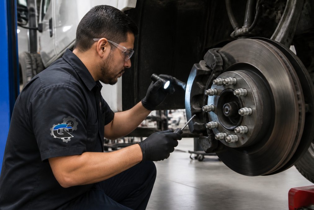 Certified technician performing detailed truck brake inspection in well-lit service bay, checking brake pads and components with precision tools