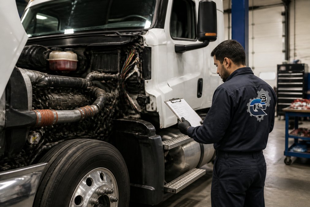 Technician holding maintenance checklist clipboard while inspecting truck engine, with organized service bay tools visible in background