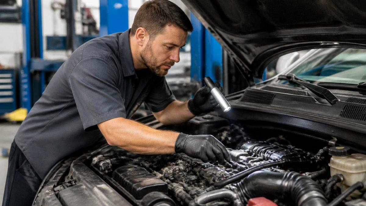 Professional mechanic conducting detailed vehicle inspection under the hood, examining engine components and mechanical systems with diagnostic tools in bright workshop lighting