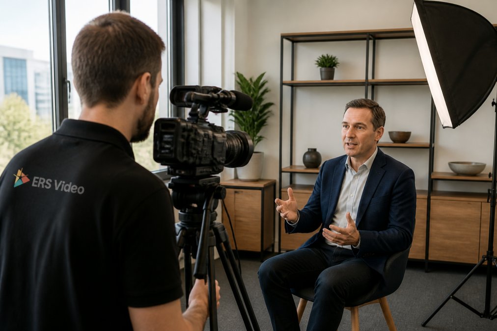 A videographer filming a business owner being interviewed in a bright office, with a camera on a tripod and softbox lighting in view