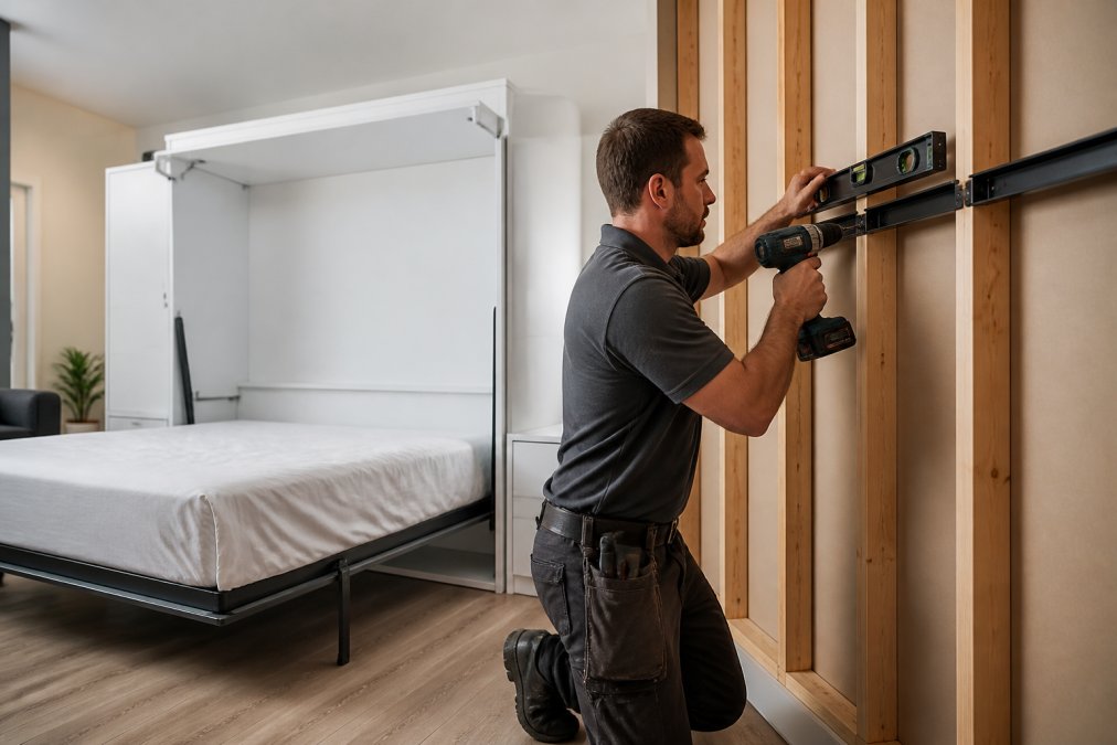 A professional installer in a bright modern home securing a wall bed frame to exposed wall studs with a cordless drill and a level, the open bed visible behind him