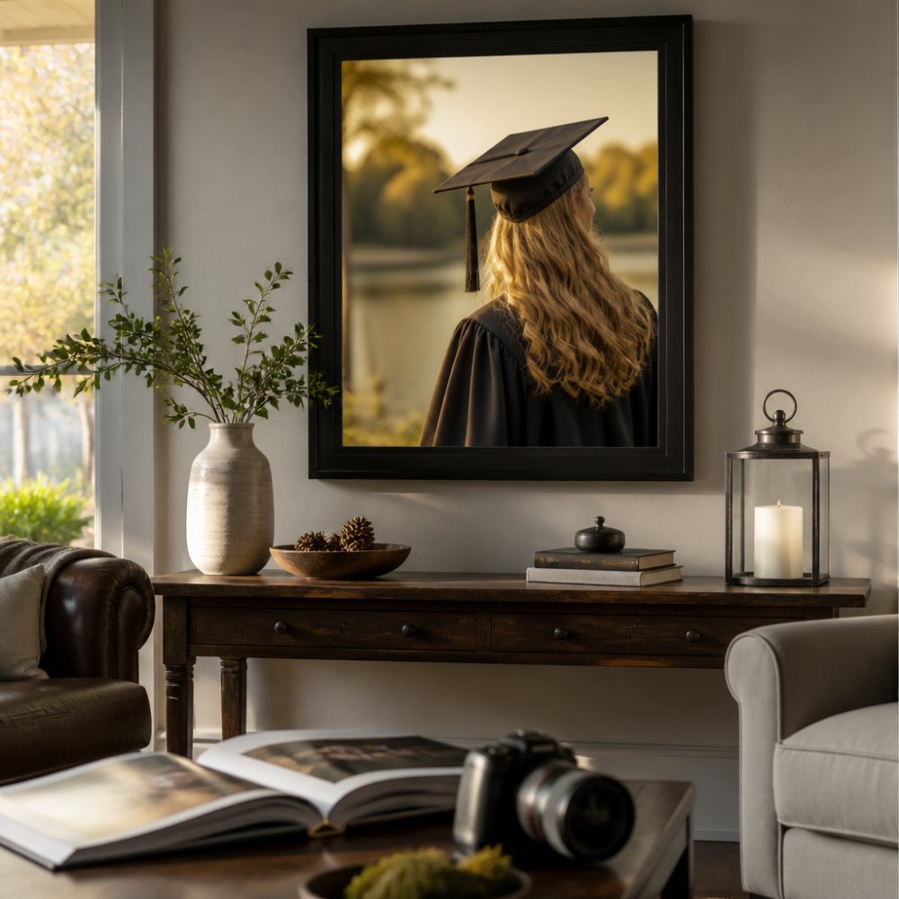 High school senior's framed portrait displayed prominently on a living room wall above a console table, with warm natural lighting highlighting the image and complementary décor on the table below