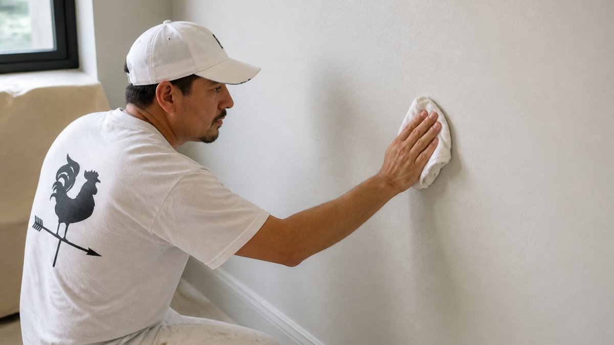 Professional painter wiping down interior wall with cleaning solution and cloth, removing dust and grime in preparation for painting