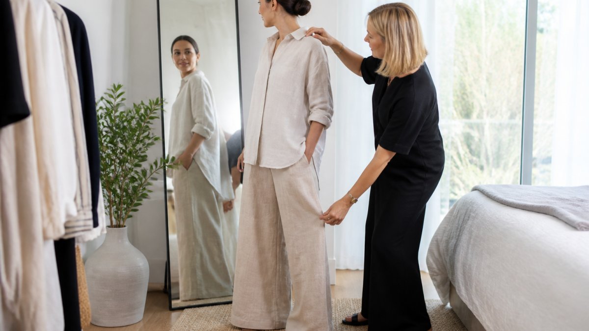 A professional stylist adjusts the hem and shoulder fit of a client’s wide-leg pants and linen shirt in a bedroom.