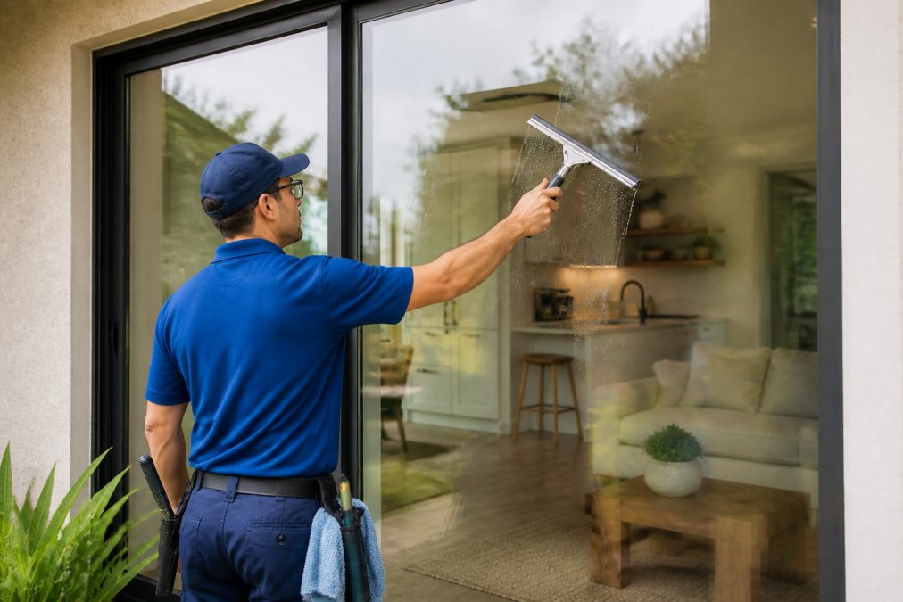 A professional window cleaner in uniform using a squeegee on a large residential window, with a clear view of a bright, clean home interior behind the glass