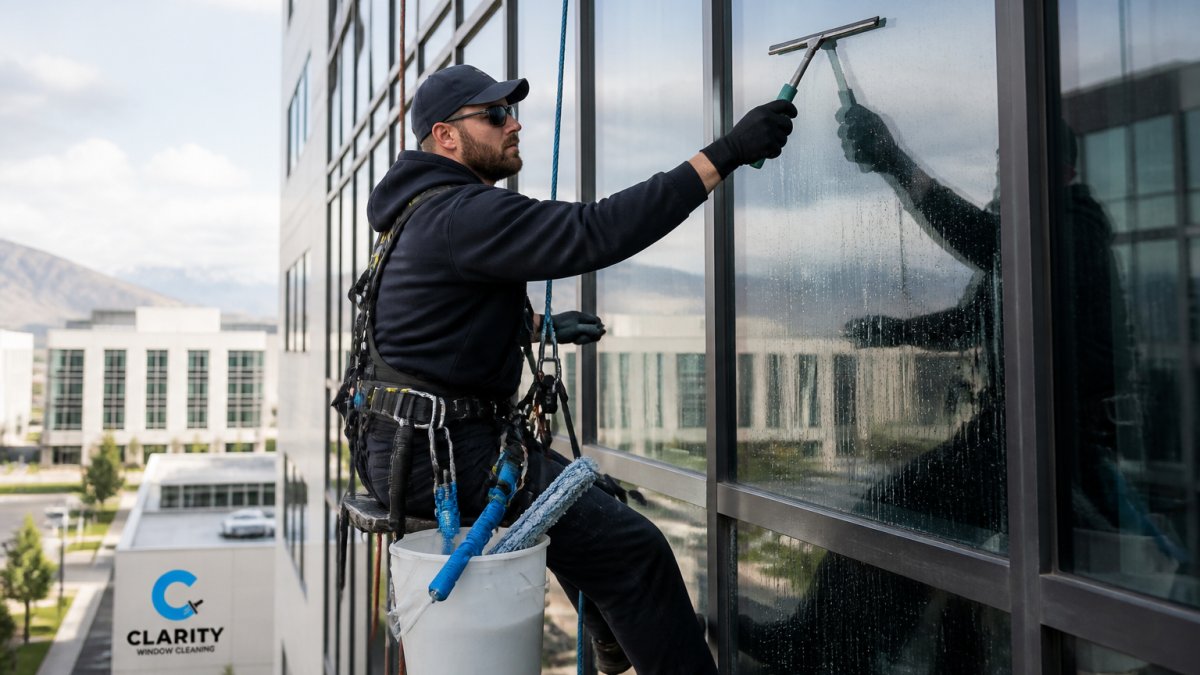 Professional window cleaner using squeegee and deionized water equipment on exterior glass of commercial building, demonstrating proper technique and safety protocols with harness and protective gear