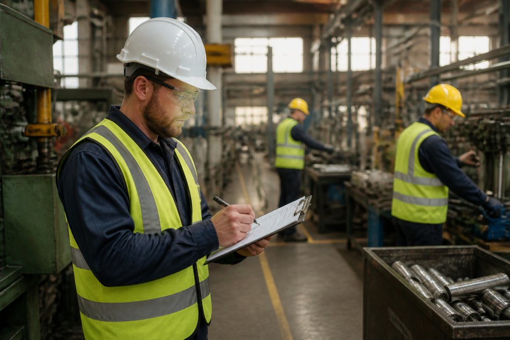 A safety manager in a hard hat and safety vest reviewing a clipboard checklist on a manufacturing floor, with workers and machinery visible in the background