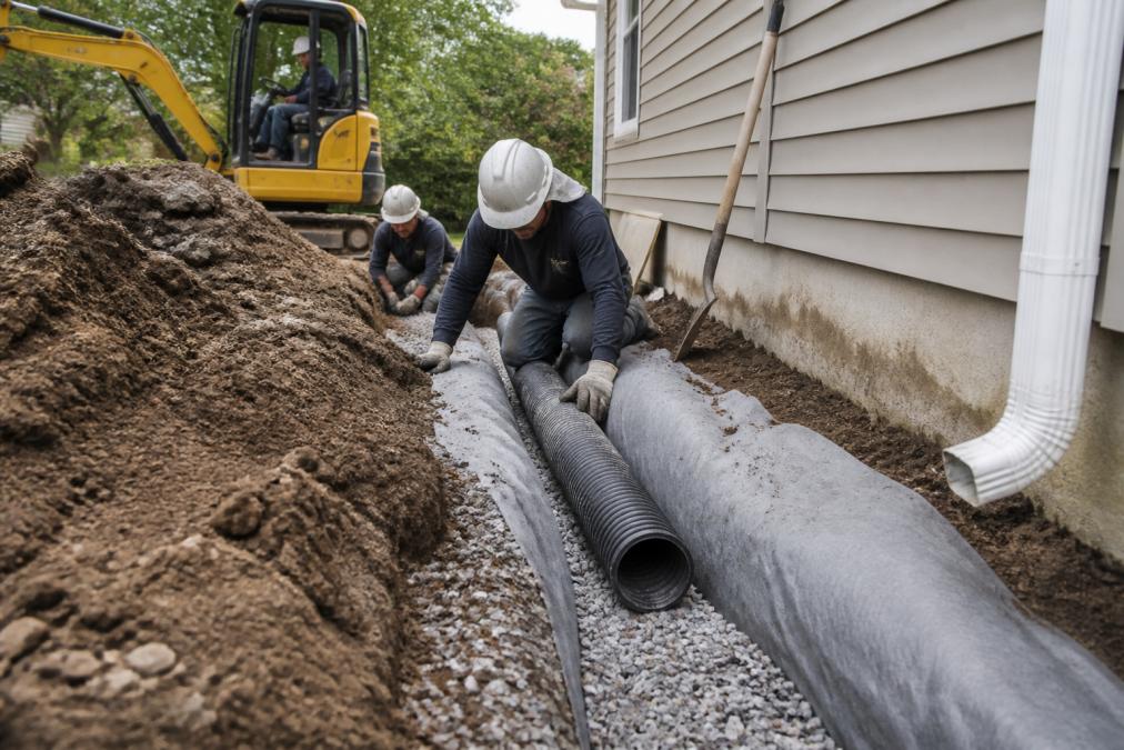 A crew in work clothes and hard hats installing a perforated drainage pipe in a gravel-filled trench beside a suburban home, with excavated soil piled nearby and a mini excavator in the background
