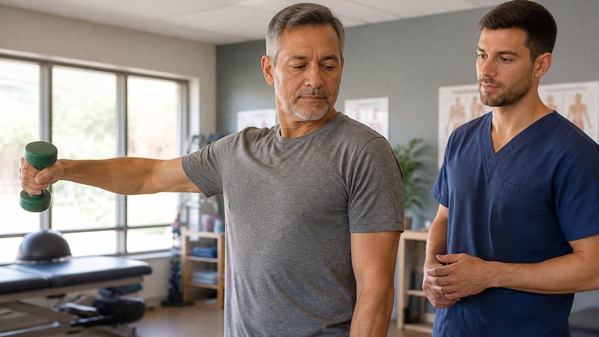 A middle-aged patient gently rotating their shoulder during a guided mobility exercise in a bright physical therapy room, therapist observing nearby