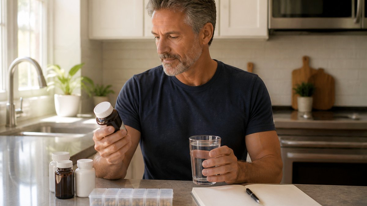 A person in their 40s at a kitchen counter in morning light, holding a supplement bottle and a glass of water, with a pill organizer and notebook nearby