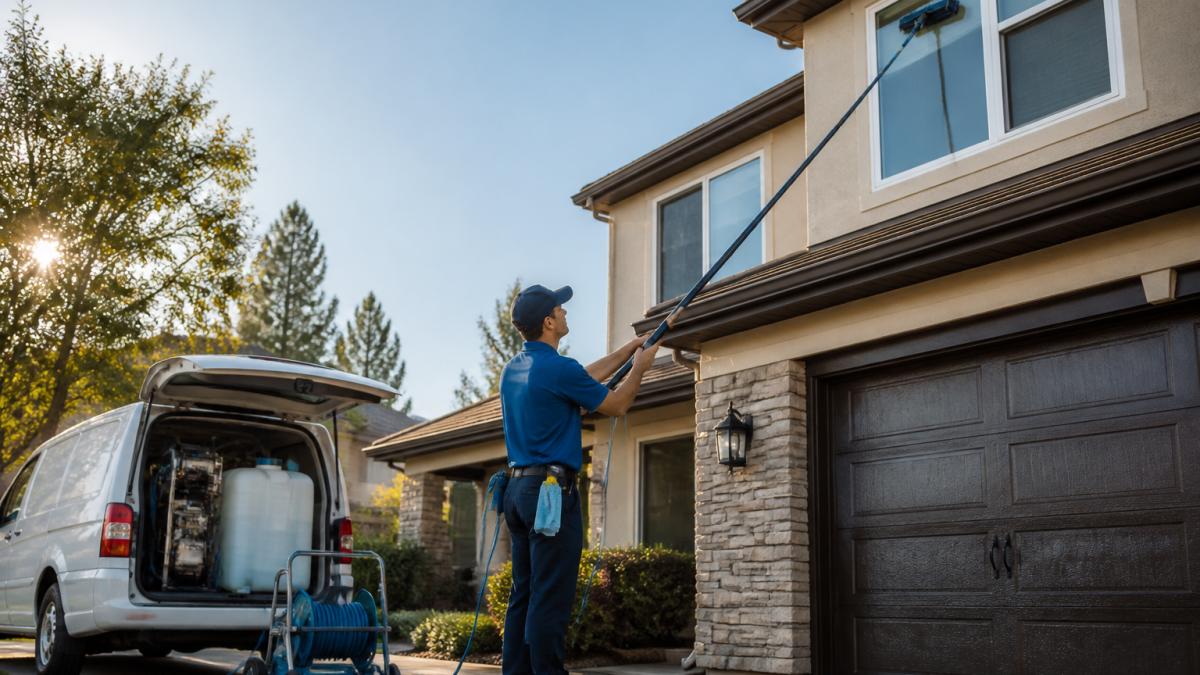 A professional window cleaner in a work uniform using a long telescopic water-fed pole to clean second-story windows of a suburban home, with a service van and water tank visible in the driveway, soft morning light