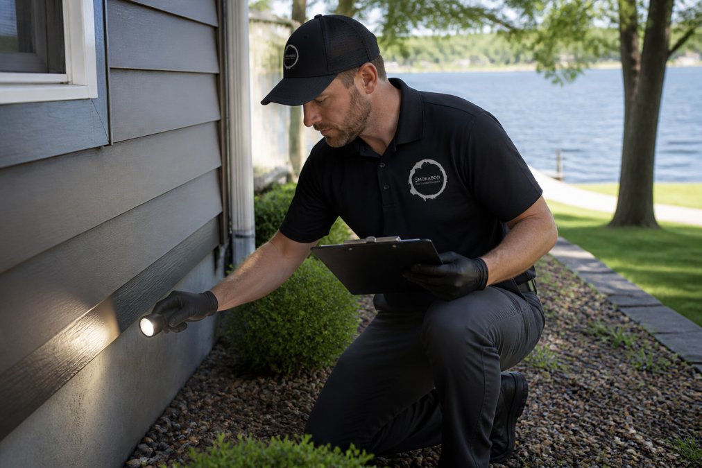 A pest control technician in uniform inspecting the exterior foundation of a home, using a flashlight and clipboard, with a lake visible in the background