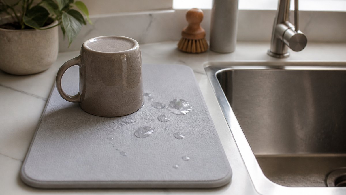 Light gray stone drying mat beside a stainless steel sink with a freshly washed mug and water droplets