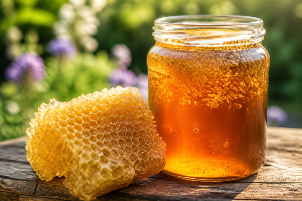 Close-up of a glass jar of raw honey with visible pollen particles and natural crystallization, warm sunlight streaming through, fresh honeycomb resting beside it on a wooden table