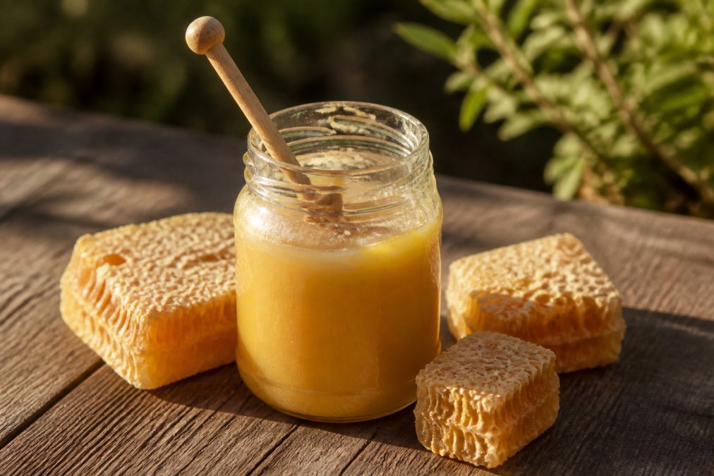 A glass jar of thick, cloudy raw honey with a wooden honey dipper resting inside, surrounded by chunks of natural honeycomb on a rustic wooden table in warm afternoon light