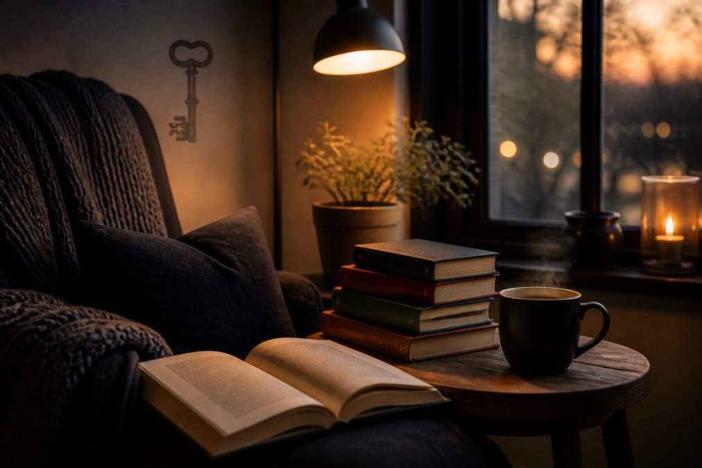 Infographic flowchart mapping the best steps for reading diverse genres in a cozy home library setting