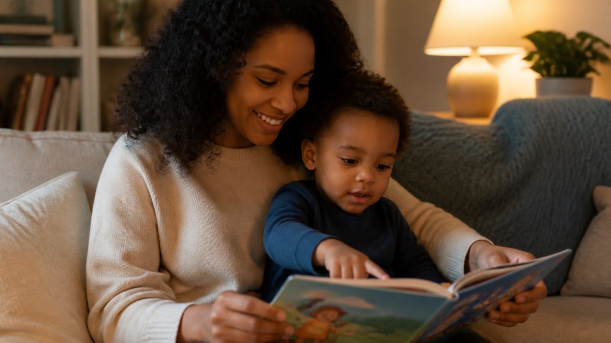 A parent and toddler sitting together on a cozy couch reading a colorful picture book, warm lamp light, child pointing at an illustration