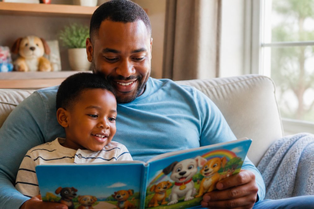 Parent reading a colorful storybook to a young child snuggled together on a cozy couch, both smiling and engaged with the story, warm natural lighting from a nearby window