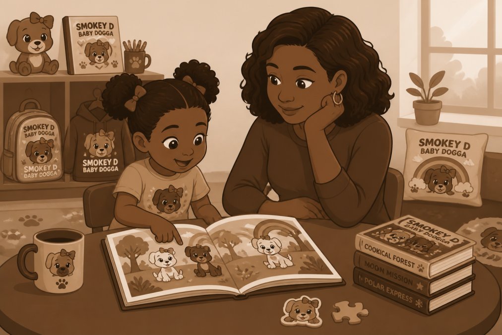Adult and child sitting at a table with an open picture book, child pointing at illustrations while adult watches attentively, soft natural lighting
