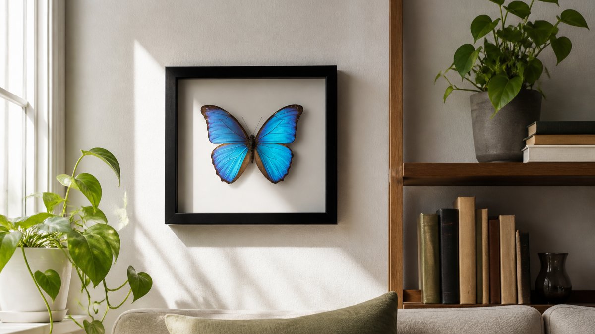 A bright living room wall featuring a framed butterfly specimen in a black shadowbox frame, with natural light catching the iridescent blue wings and a wooden shelf styled with books and a small plant nearby