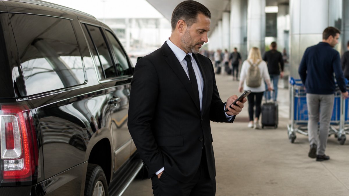 A professional chauffeur in a dark suit standing beside a black SUV at an airport arrivals curb, glancing at a smartphone showing a flight status screen, with travelers and luggage carts blurred in the background