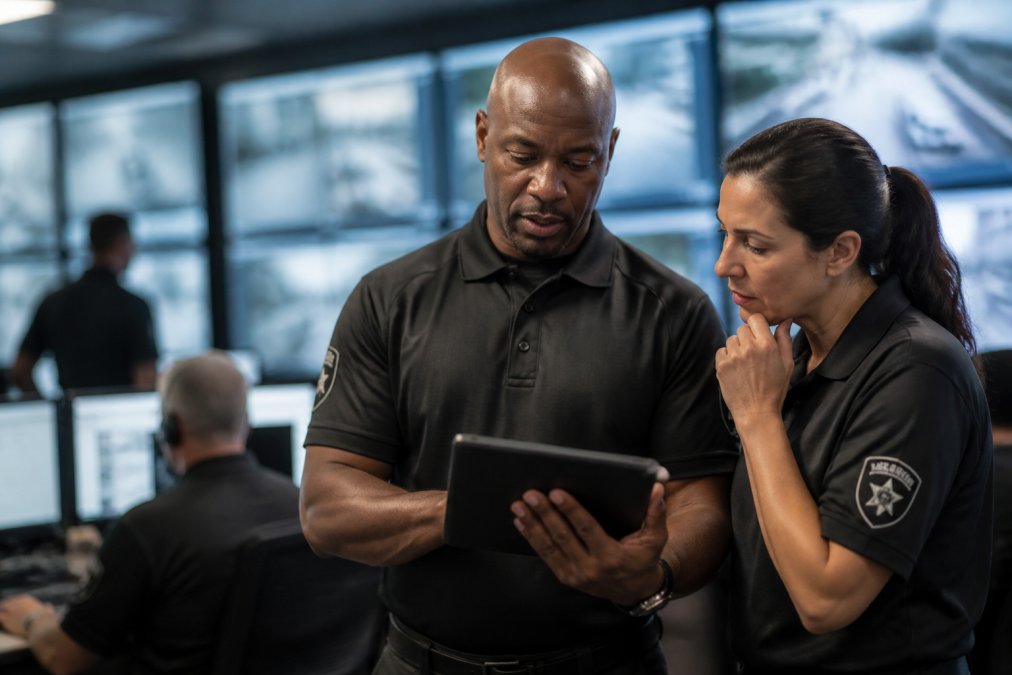 A security supervisor reviewing a live GPS tracking dashboard on a tablet inside a modern control room, with a guard's location visible on the screen map and monitors glowing in the background