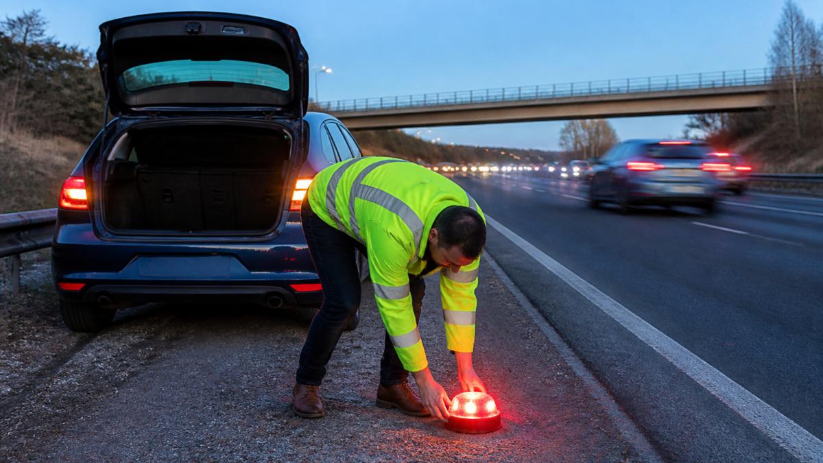 Benefits of Real Time Location Tracking for Drivers A driver standing beside a broken-down car on a motorway hard shoulder at dusk, placing a high-visibility GPS emergency warning beacon on the road behind the vehicle, with traffic passing in the background