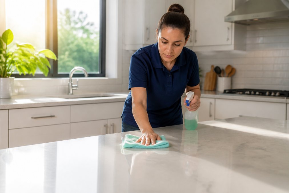 A professional cleaner in a uniform wiping down a bright, modern kitchen countertop with a microfiber cloth, spray bottle nearby, sunlight coming through the window