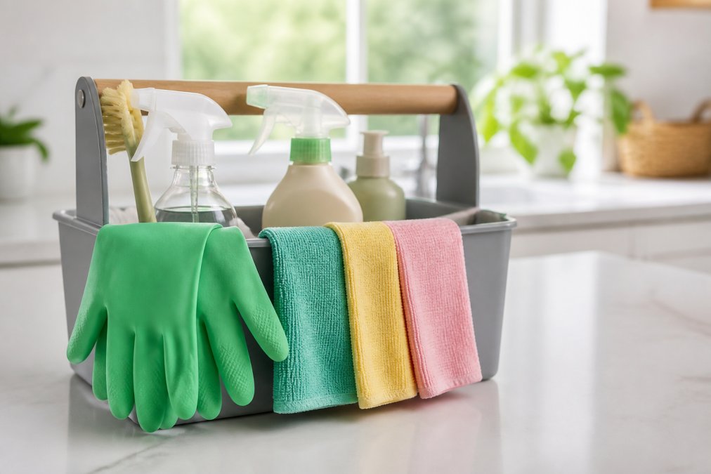 Close-up of a neatly organized cleaning caddy with color-coded microfiber cloths, eco-friendly spray bottles, and rubber gloves arranged on a clean white countertop in bright natural light