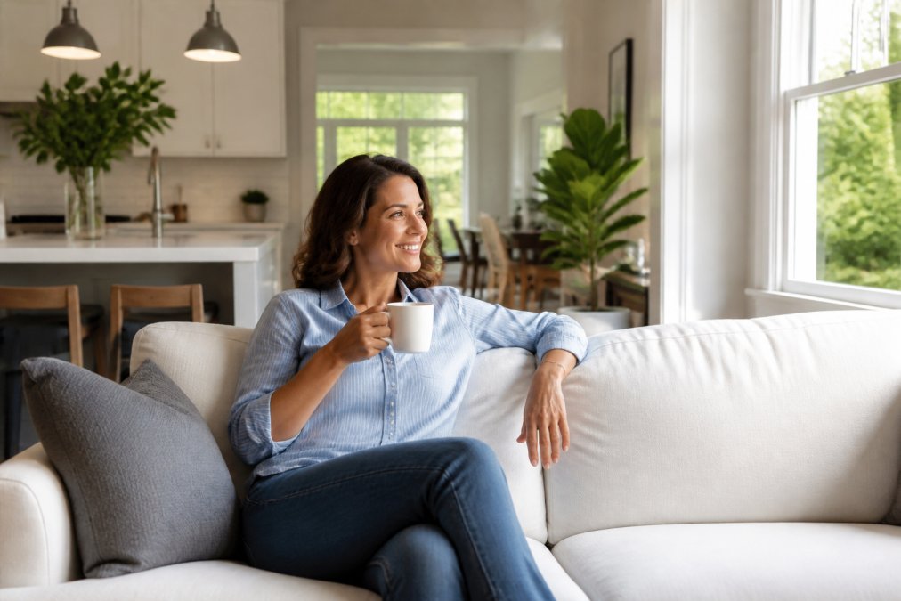 Relaxed professional sitting on a clean, modern sofa with a warm beverage, smiling in a bright, spotless living room with natural sunlight streaming through windows