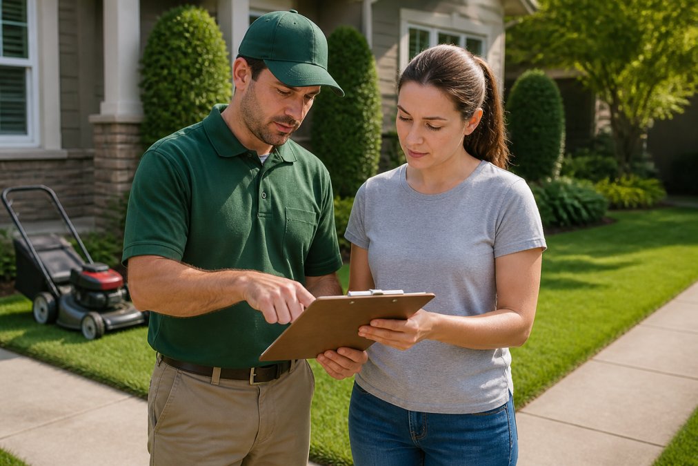 Professional landscaper and homeowner reviewing landscape service contracts on a clipboard in a manicured yard