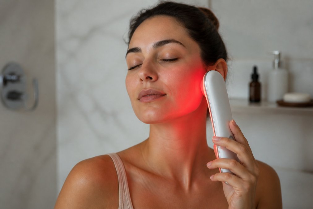 A woman holding a sleek red light therapy device close to her face in a clean, softly lit bathroom, eyes closed, expression calm and relaxed