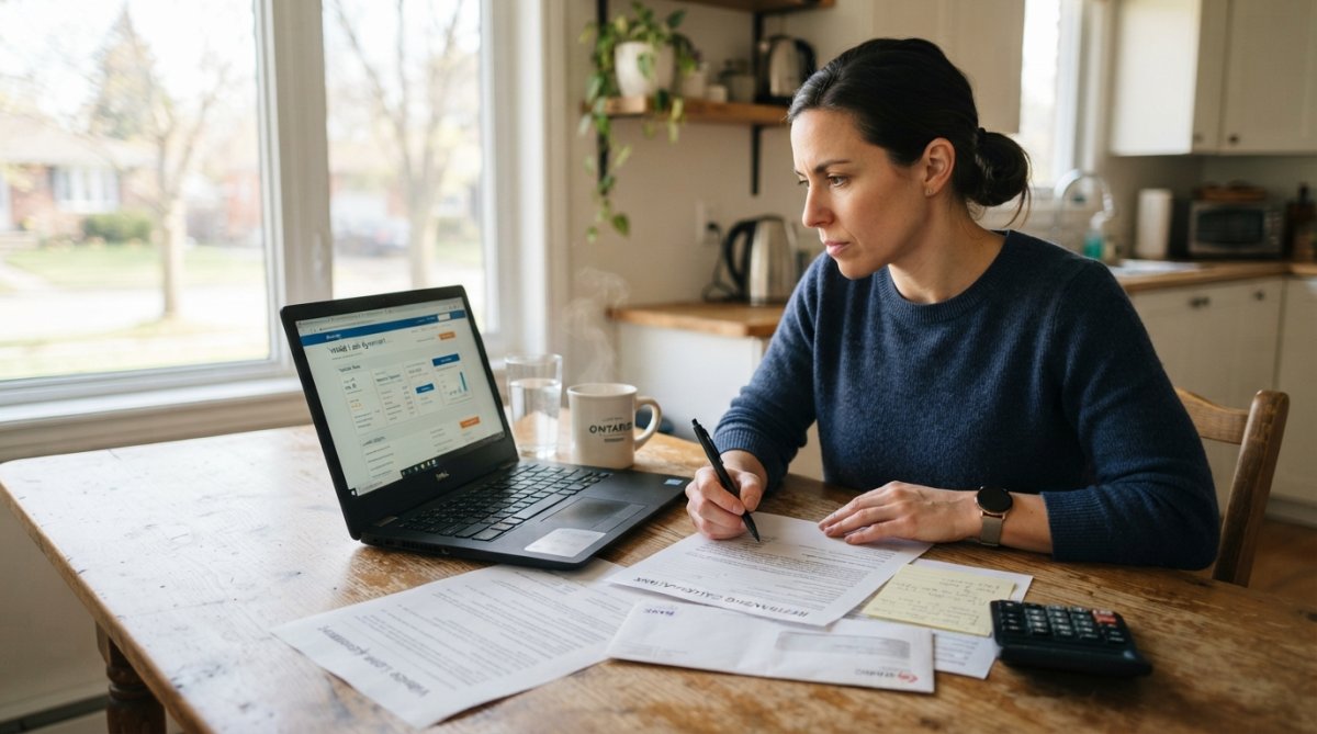 Person at kitchen table with laptop and financial documents, reviewing refinancing options with a focused expression, morning natural light streaming through window