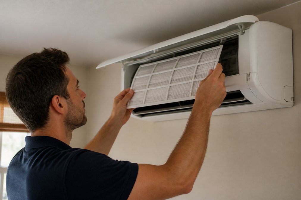 Benefits of Regular AC Maintenance for Your Home 1 Homeowner carefully inspecting and replacing a white pleated air filter in an indoor AC unit mounted on wall, hands holding filter near filter slot with natural indoor lighting