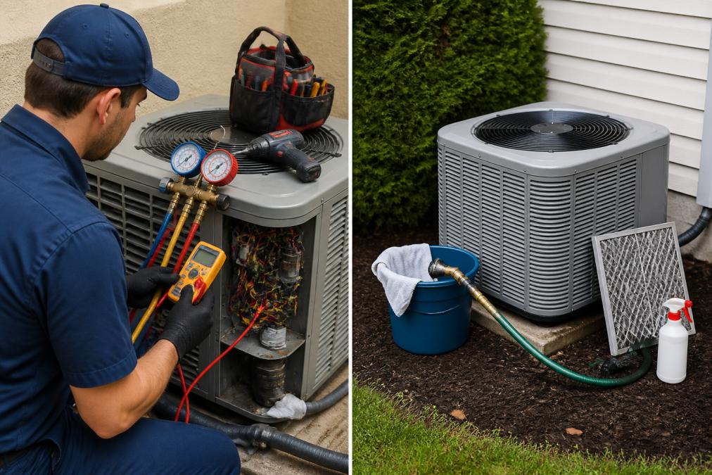 Benefits of Regular AC Maintenance for Your Home 2 Professional HVAC technician in blue uniform using digital multimeter and gauges to test outdoor air conditioning condenser unit, with specialized tools visible in background