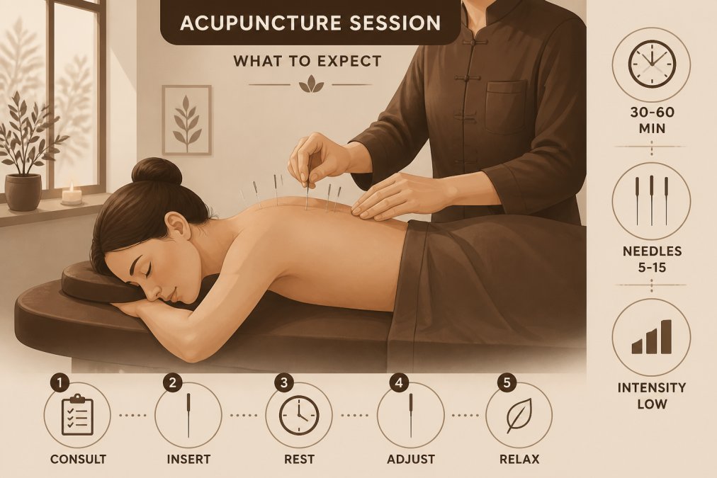 Calm treatment room with soft lighting and natural window, patient lying face-down on padded table, acupuncturist's hands gently inserting fine needles on patient's back near shoulder blades