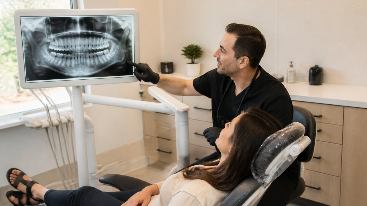 A dentist in a bright modern dental office showing a patient a dental X-ray on a chairside screen, explaining the results while the patient listens in a relaxed reclined position