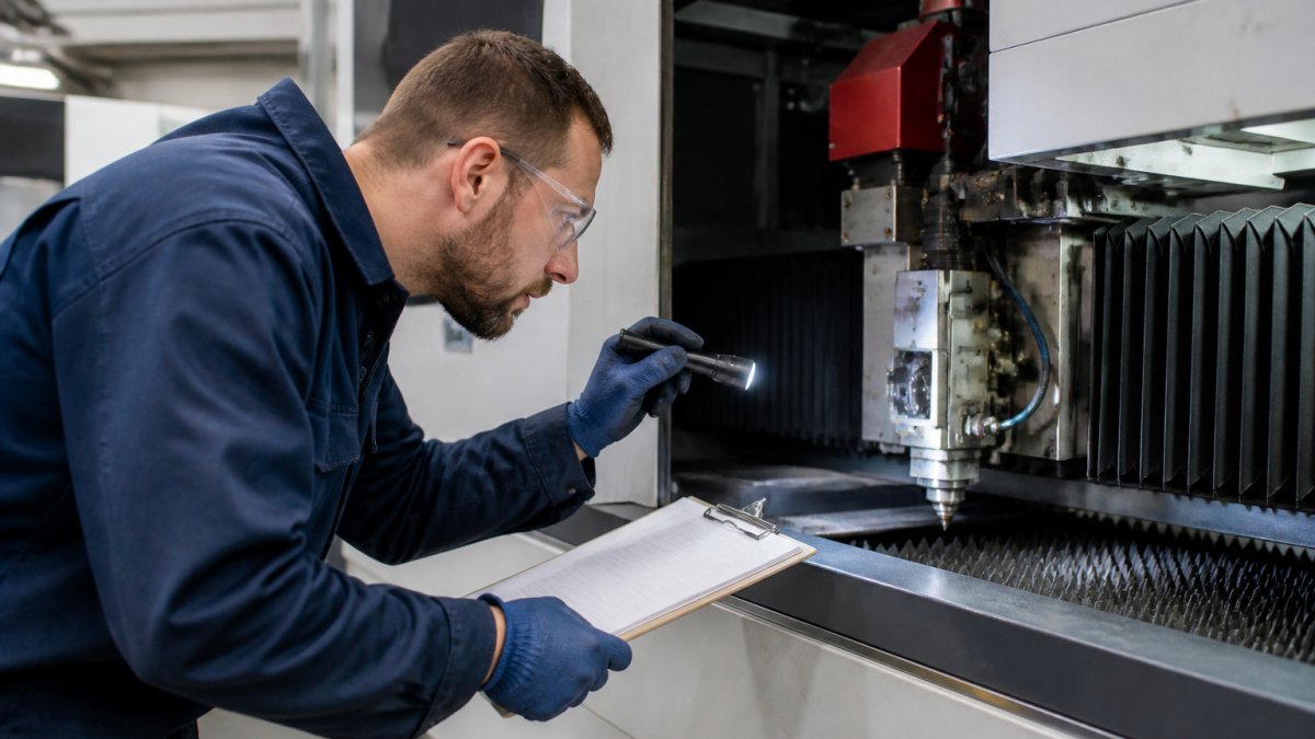 Professional maintenance engineer performing systematic inspection on fiber laser machine in production facility, checking optical components with precision instruments and recording findings on clipboard