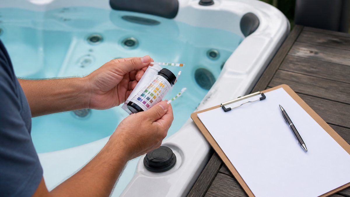 Close-up of a homeowner's hands testing hot tub water with a test strip, the hot tub jets visible in the background, and a maintenance checklist on a clipboard on the deck