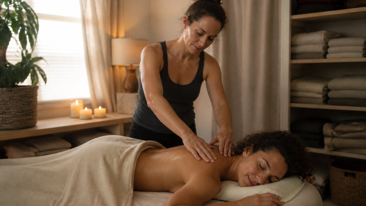 A massage therapist working on a client's shoulders in a calm, softly lit treatment room with warm neutral tones and folded linens