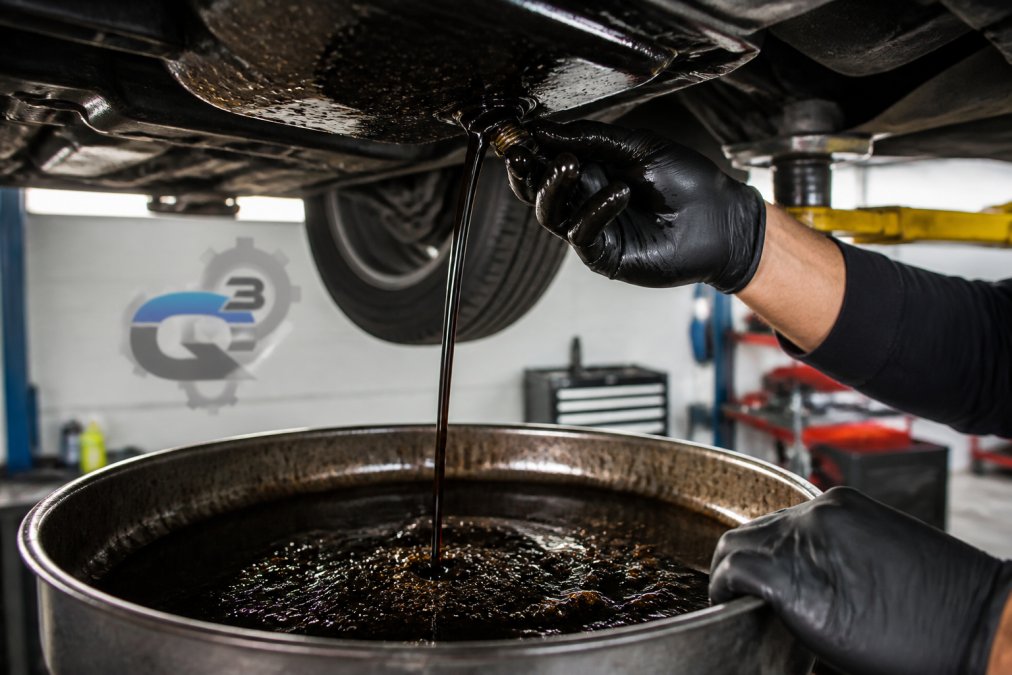 Professional technician's hands draining dark, contaminated oil from an engine into a metal drain pan, showing visible sludge and debris buildup under bright shop lighting