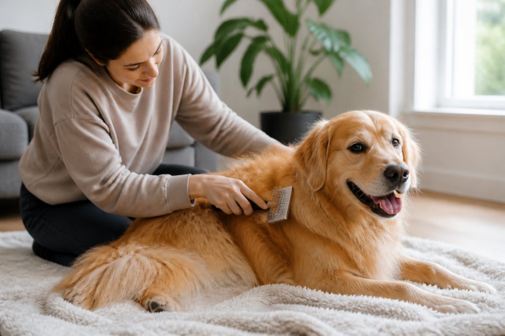 Person gently using a slicker brush for pet brushing on a calm golden retriever resting on a blanket.