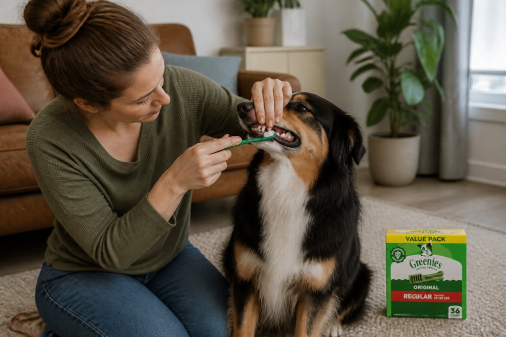 Pet owner gently brushing a dog's teeth with a soft toothbrush at a 45-degree angle to the gum line, showing proper technique in natural home lighting