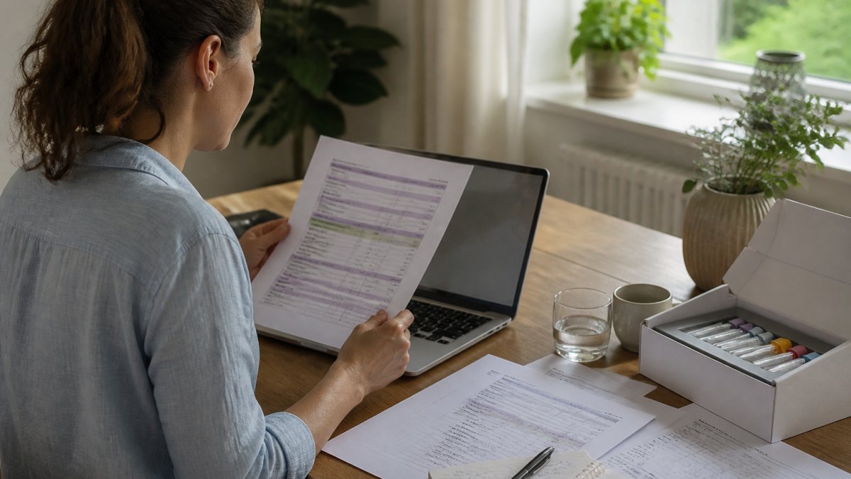 Person sitting at home reviewing personalised health report on laptop screen, with printed test results and handwritten notes visible on desk, natural window lighting illuminating the workspace