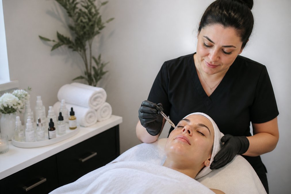 A licensed esthetician in a clean, well-lit treatment room gently applying a serum to a relaxed client's face, with folded towels and product bottles visible in the background